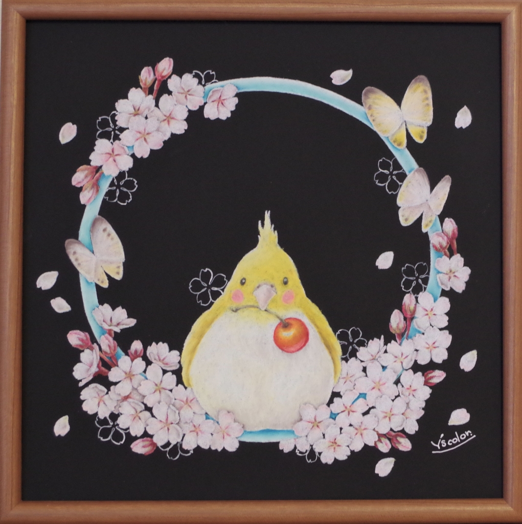 チョークアートで描いた小鳥と桜