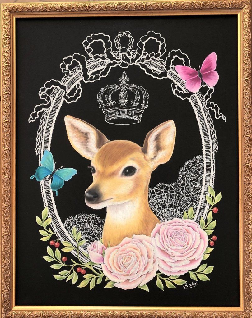 チョークアートで描いた鹿とバラ