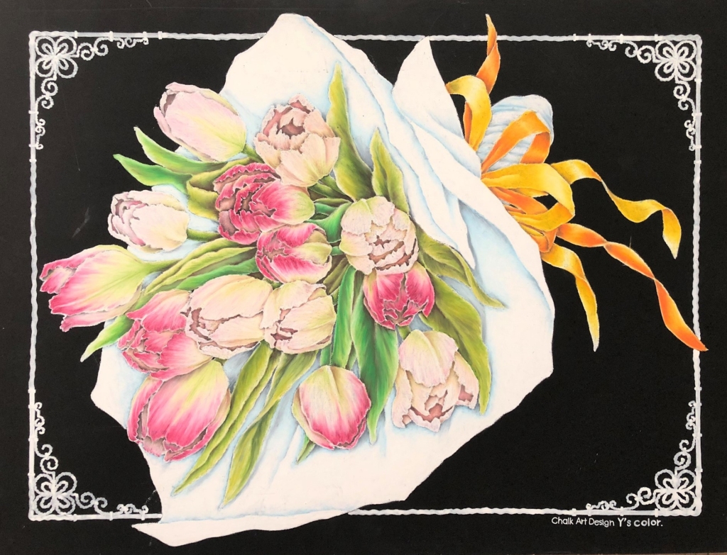 チョークアートで描いたチューリップの花束
