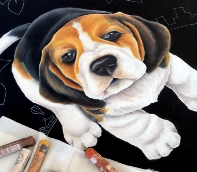 チョークアートで描いた犬の画像